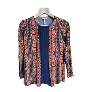 Matilda Jane Women’s Blue and Orange Floral Rayon Long Sleeve Blouse, XS